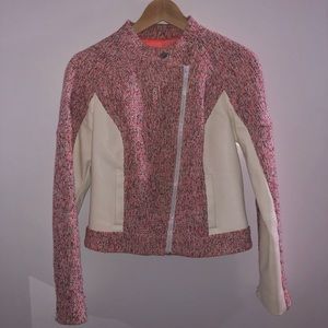 Bebe Pink and White Selena Tweed Moto Jacket